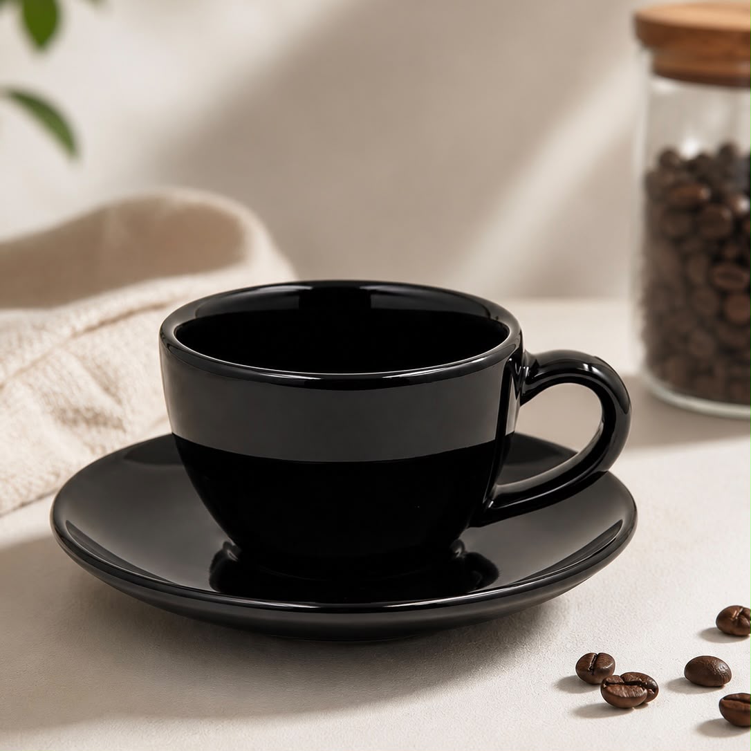 A glossy black ceramic espresso cup with a matching saucer, styled on a light beige surface with scattered coffee beans and a glass jar of coffee beans in the background.
