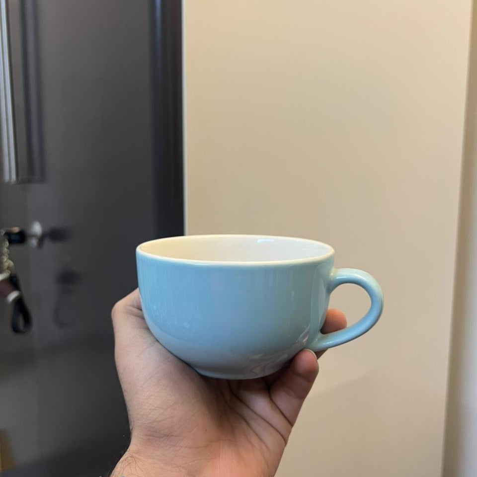 Hand holding a light blue mug against a neutral background