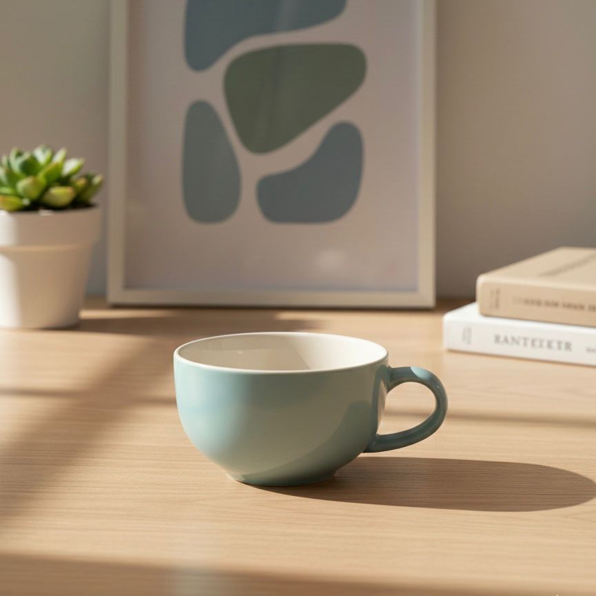 Teal mug on a wooden surface with a plant and books in the background