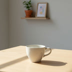 White mug on a wooden table with a plant and picture frame in the background